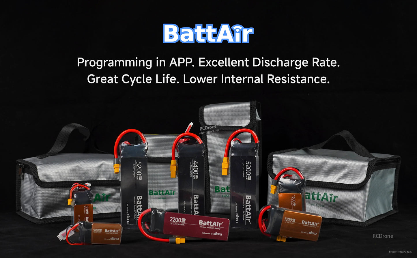 ISDT BattAir Smart RC LiPo Battery, ISDT BattAir smart RC LiPo batteries in assorted sizes with XT60 connectors and silver LiPo safe storage bags