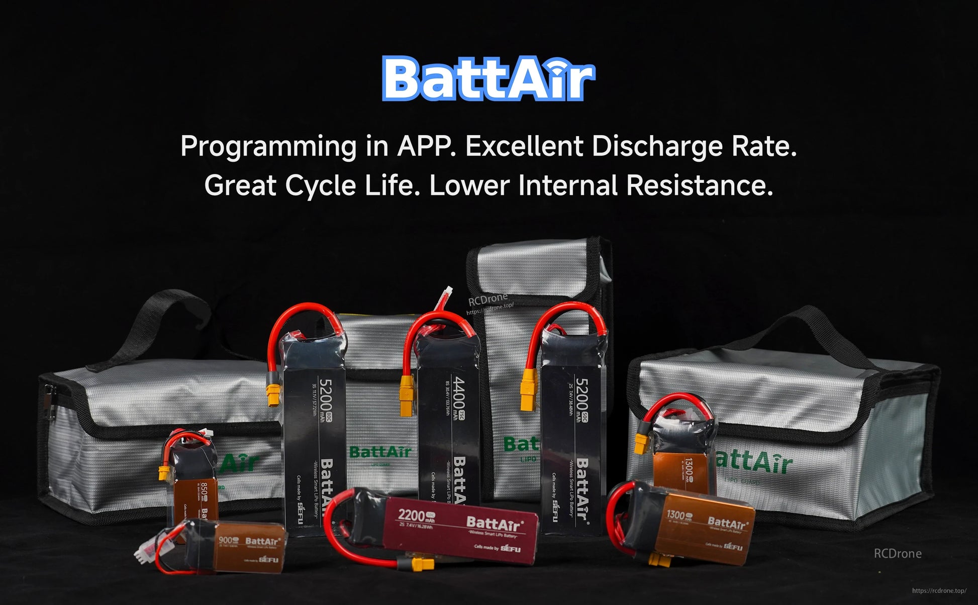 ISDT BattAir Smart RC LiPo Battery, ISDT BattAir smart RC LiPo batteries in assorted sizes with XT60 connectors and silver LiPo safe storage bags