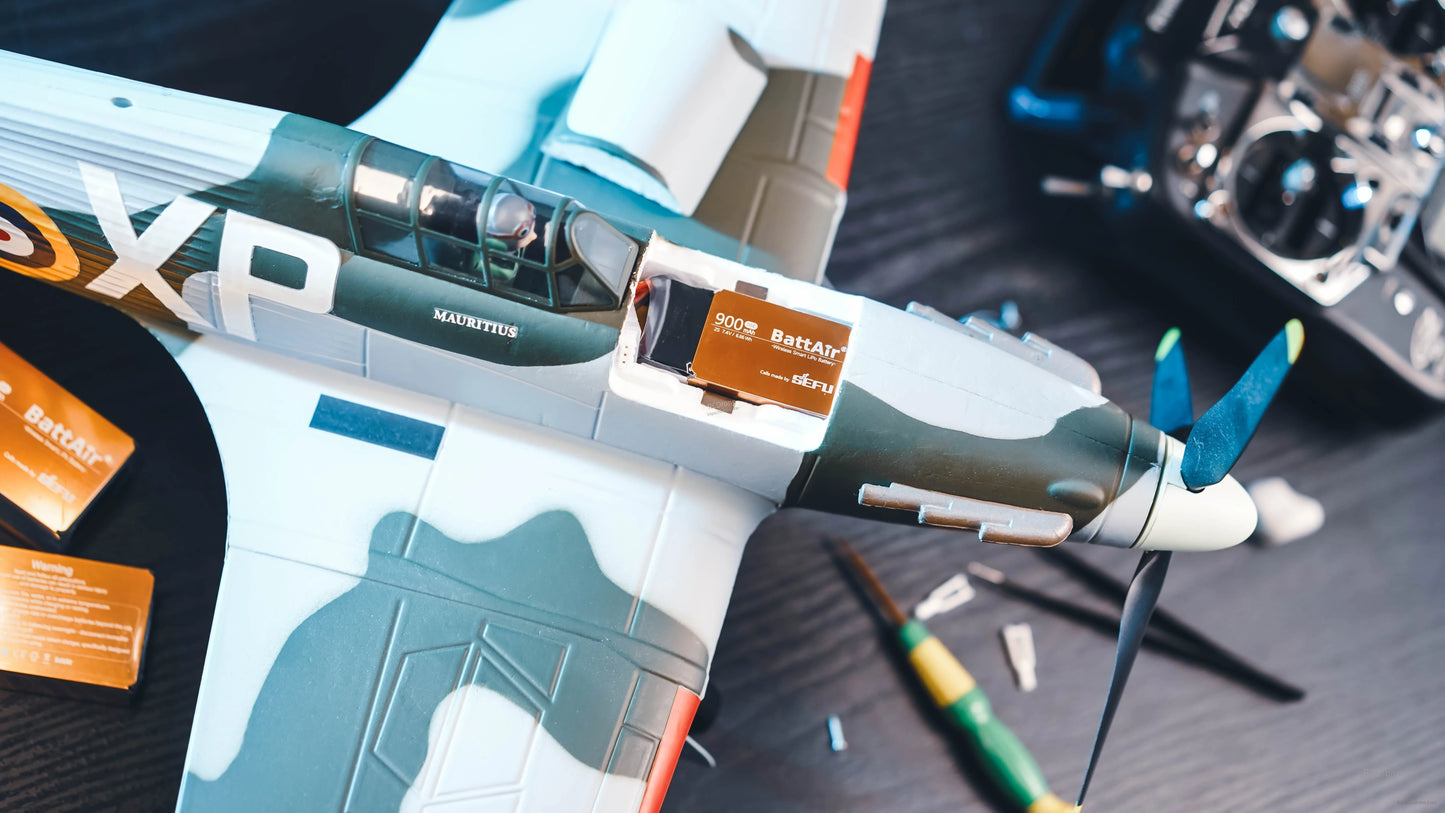 ISDT BattAir Smart RC LiPo battery pack (900mAh) installed in an RC airplane battery compartment
