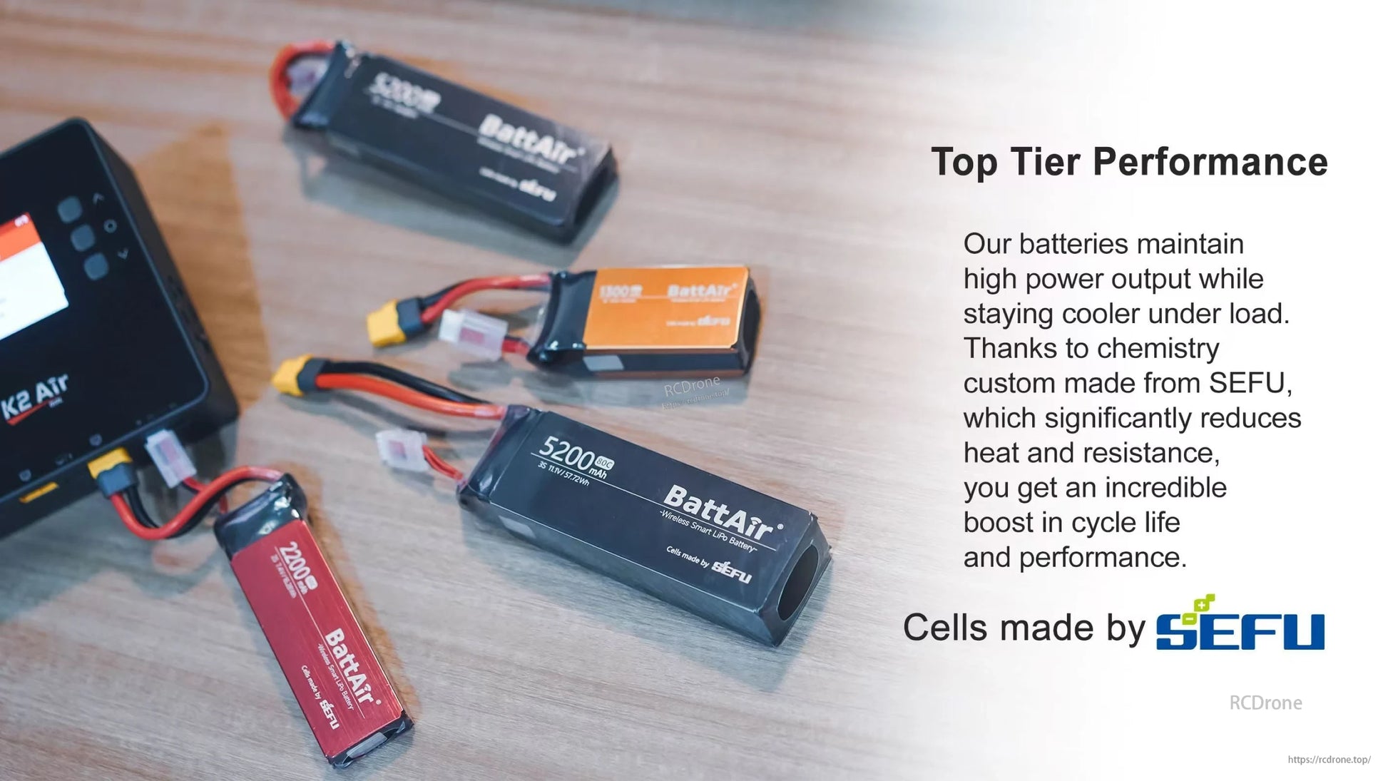 ISDT BattAir Smart RC LiPo Battery, ISDT BattAir smart RC LiPo batteries with XT60 and balance leads beside an ISDT K2 Air charger