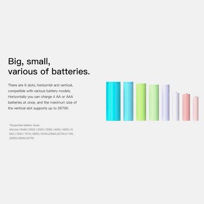 ISDT C4 Air battery charger compatibility graphic showing 6-slot design for AA/AAA and up to 26700 cells