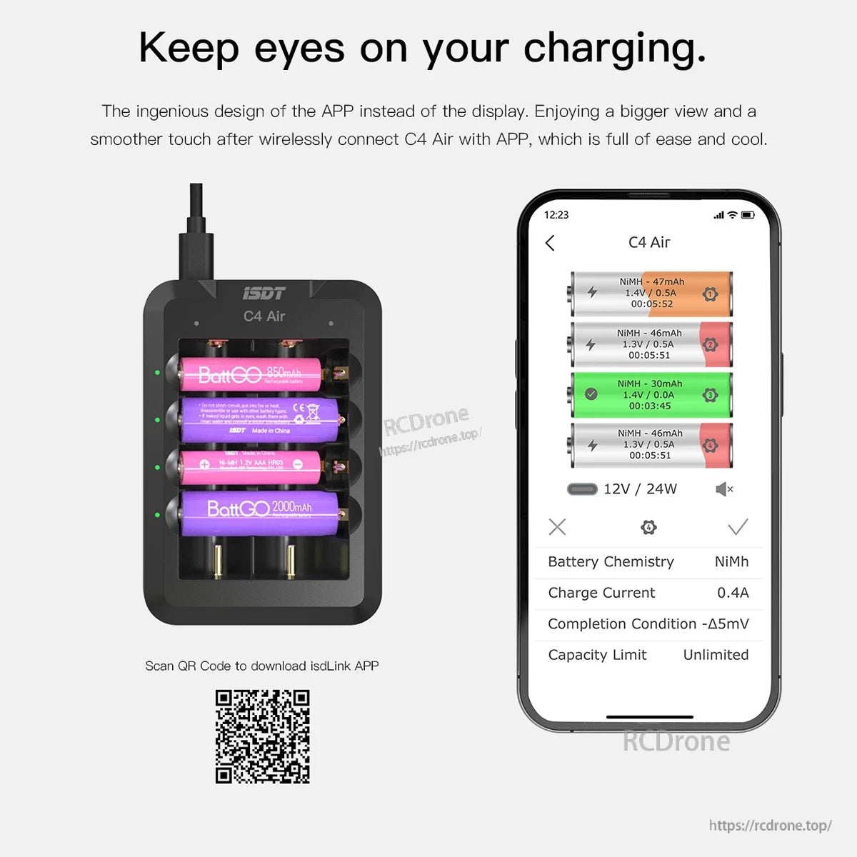 ISDT C4 Air battery charger with four AA/AAA slots and app screen showing NiMH charging status