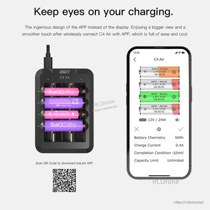 ISDT C4 Air battery charger with four AA/AAA slots and app screen showing NiMH charging status