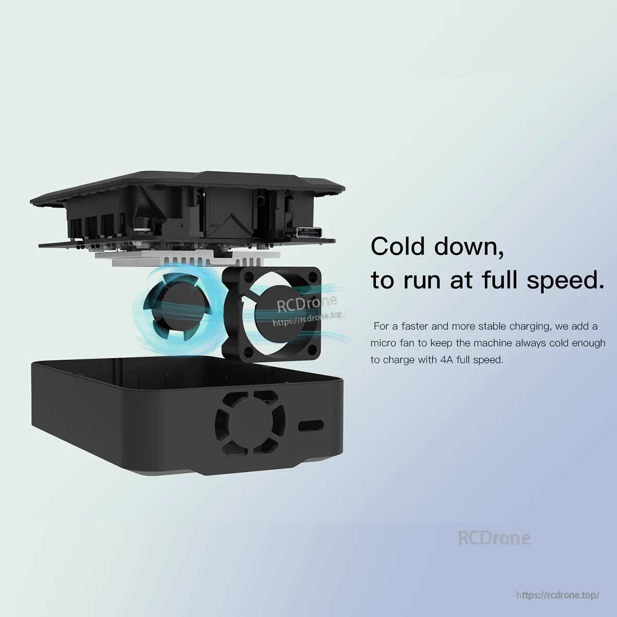 Exploded view of ISDT C4 Air battery charger showing internal micro cooling fan, vents, and USB-C port