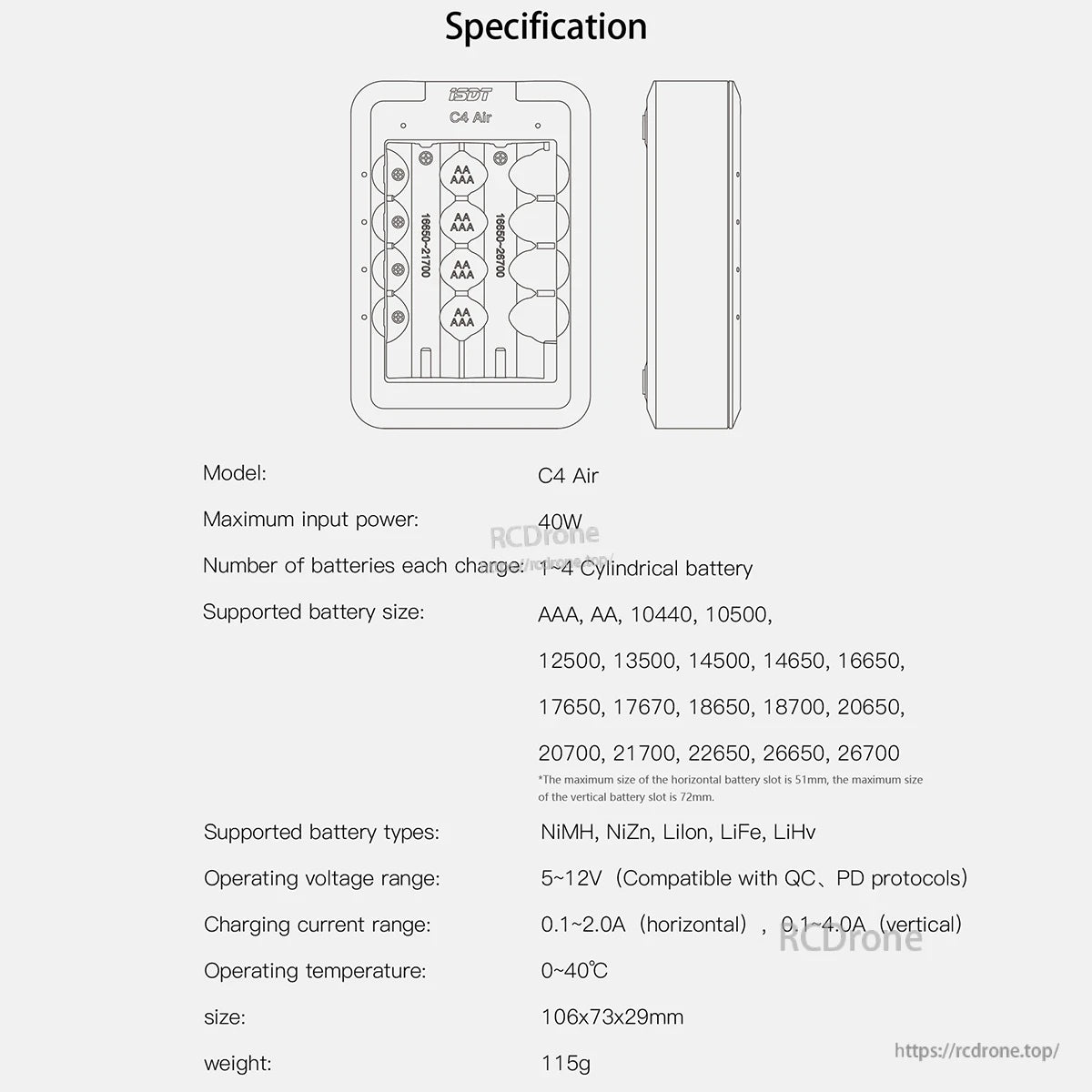ISDT C4 Air battery charger specification sheet with 4-slot layout and supported cell sizes AAA to 26700