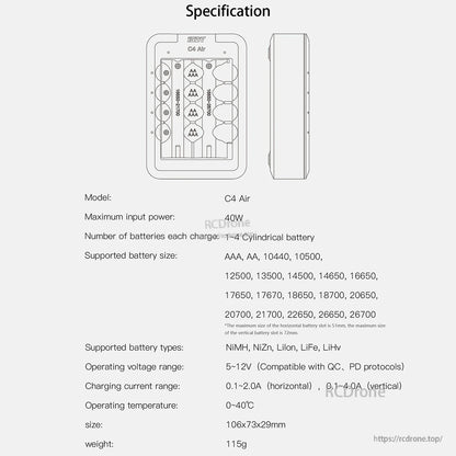 ISDT C4 Air battery charger specification sheet with 4-slot layout and supported cell sizes AAA to 26700