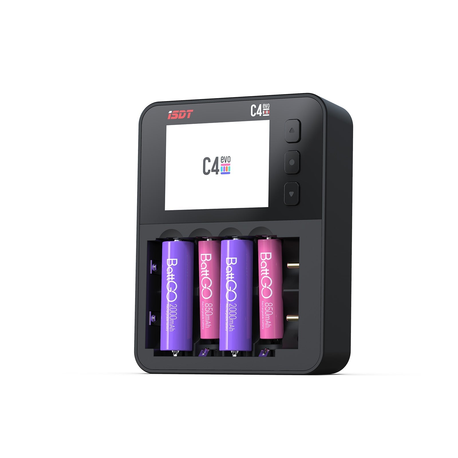 ISDT C4 EVO smart battery charger with LCD screen, side buttons, and four cylindrical cells in charging bays