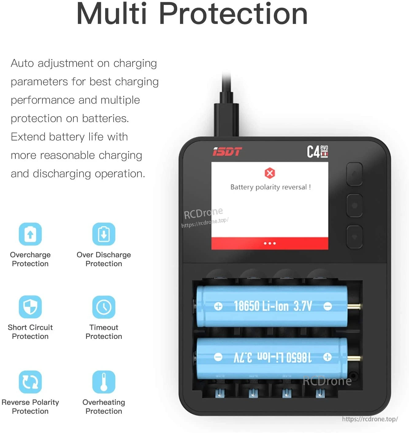 ISDT C4 EVO smart battery charger with display alert and 18650 Li-ion cells, featuring multi-protection safeguards