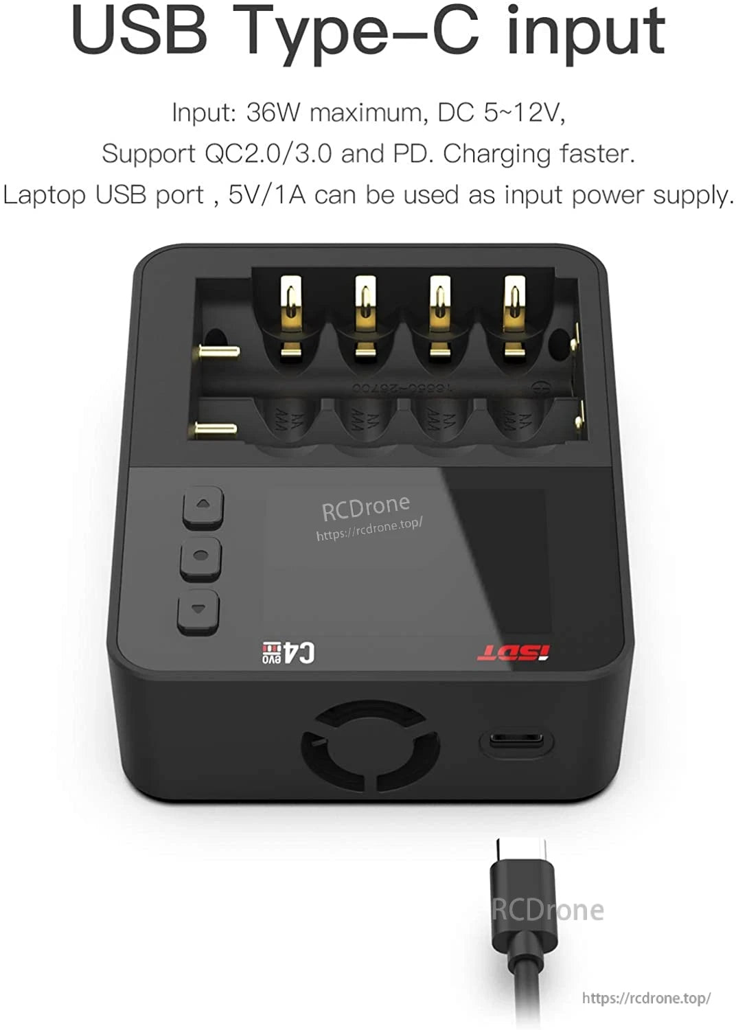 ISDT C4 EVO smart battery charger with four AA/AAA slots, control buttons, and USB Type‑C input port