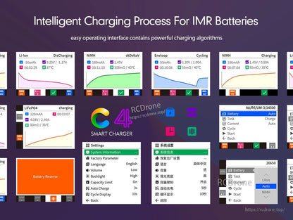 ISDT C4 EVO smart battery charger interface screens with charge/discharge graphs, settings menu, and battery reverse alert
