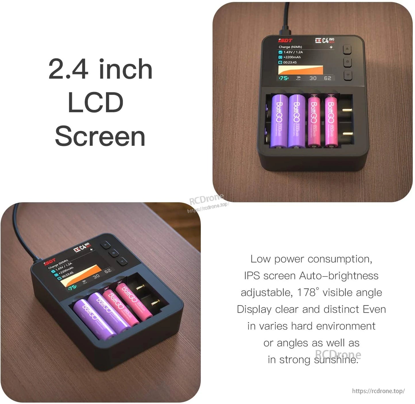 ISDT C4 EVO smart battery charger with 2.4-inch IPS LCD screen and four battery slots charging 18650 cells