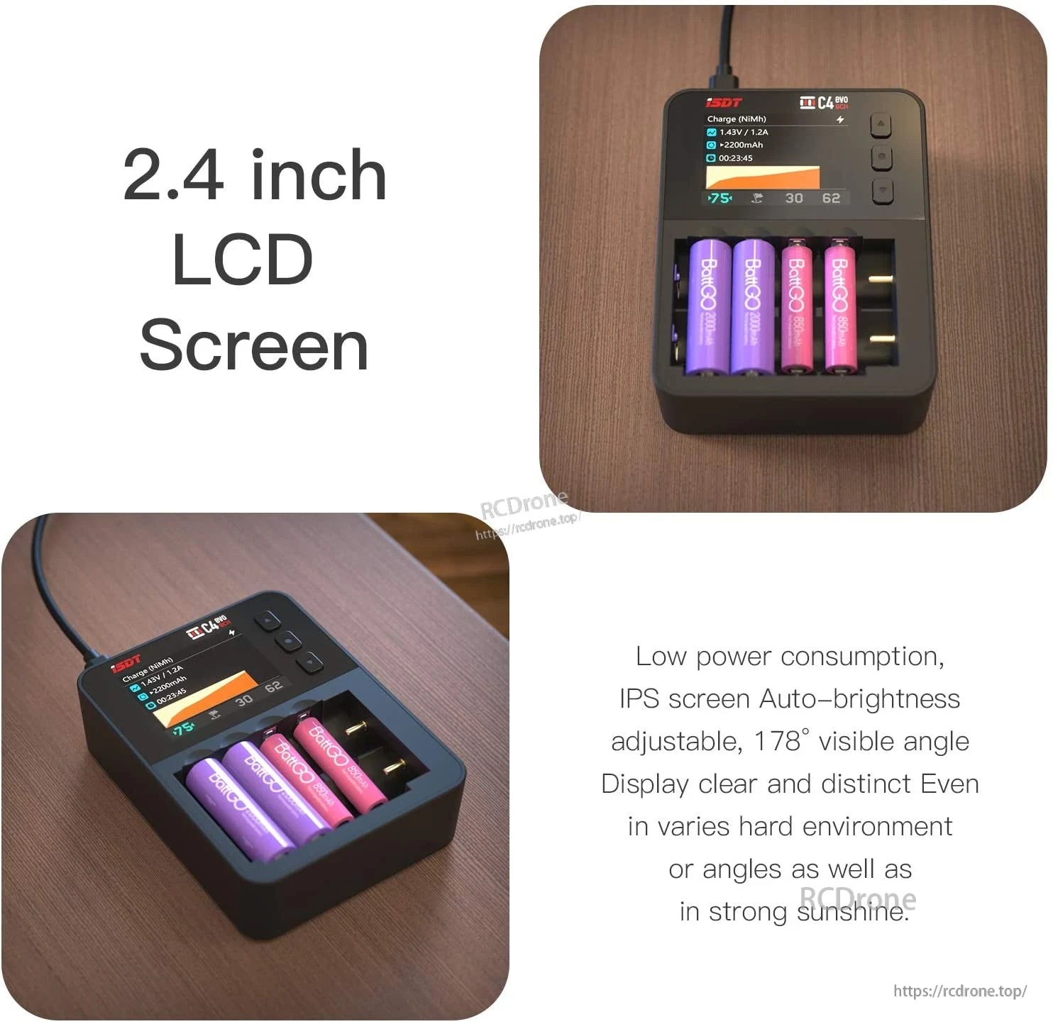 ISDT C4 EVO smart battery charger with 2.4-inch IPS LCD screen and four battery slots charging 18650 cells