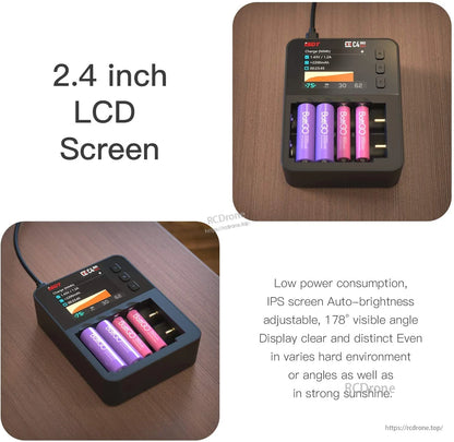 ISDT C4 EVO smart battery charger with 2.4-inch IPS LCD screen and four battery slots charging 18650 cells