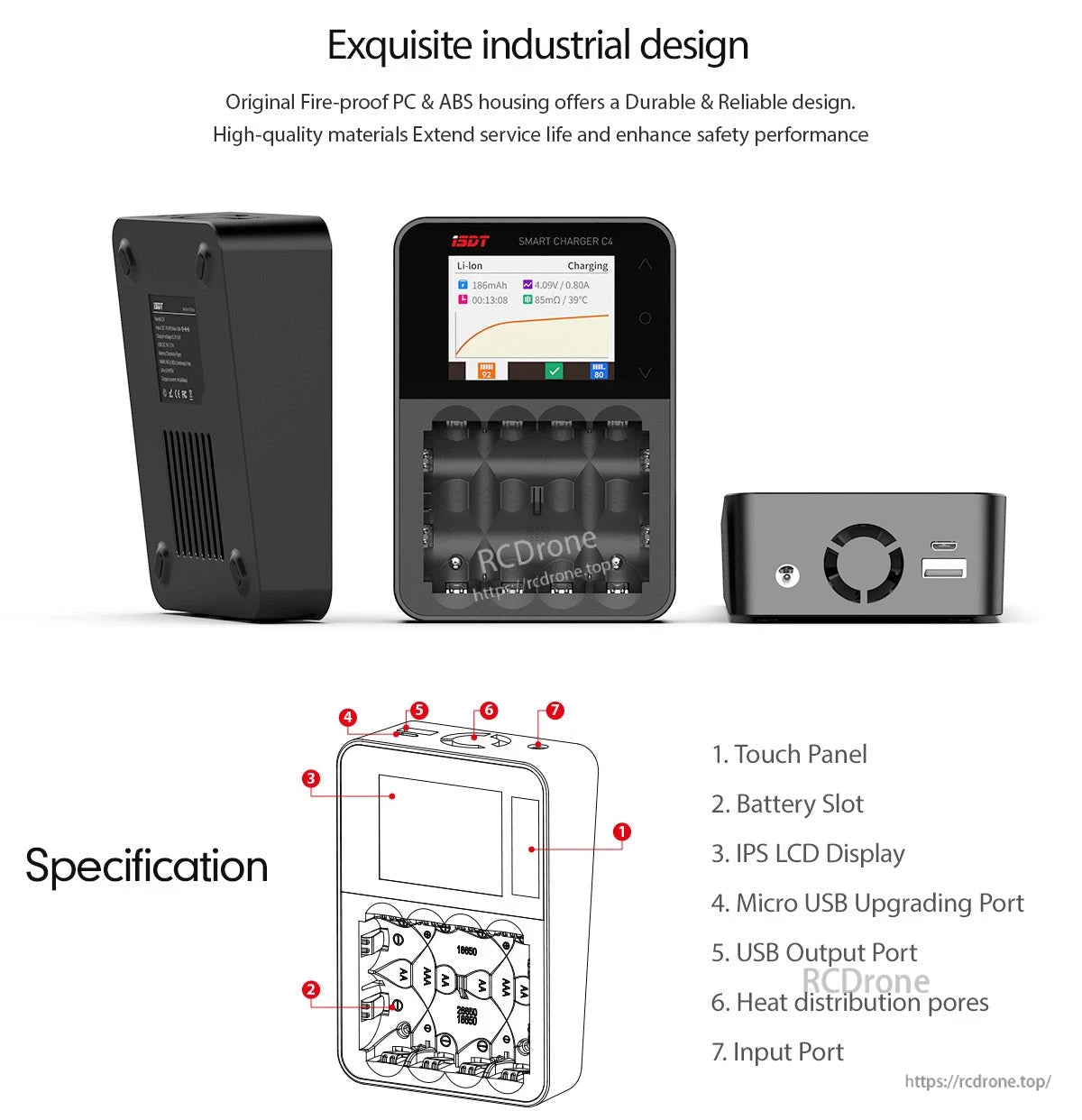 ISDT C4 EVO smart battery charger with IPS touchscreen display, four battery slots, and side USB output ports