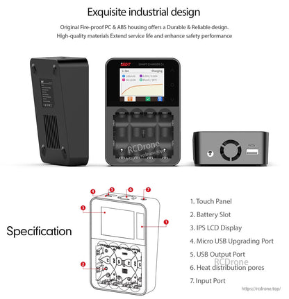 ISDT C4 EVO smart battery charger with IPS touchscreen display, four battery slots, and side USB output ports