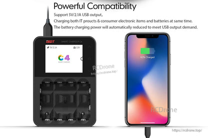 ISDT C4 EVO smart battery charger with LCD screen, four battery slots, and 5V/2.1A USB output charging a phone