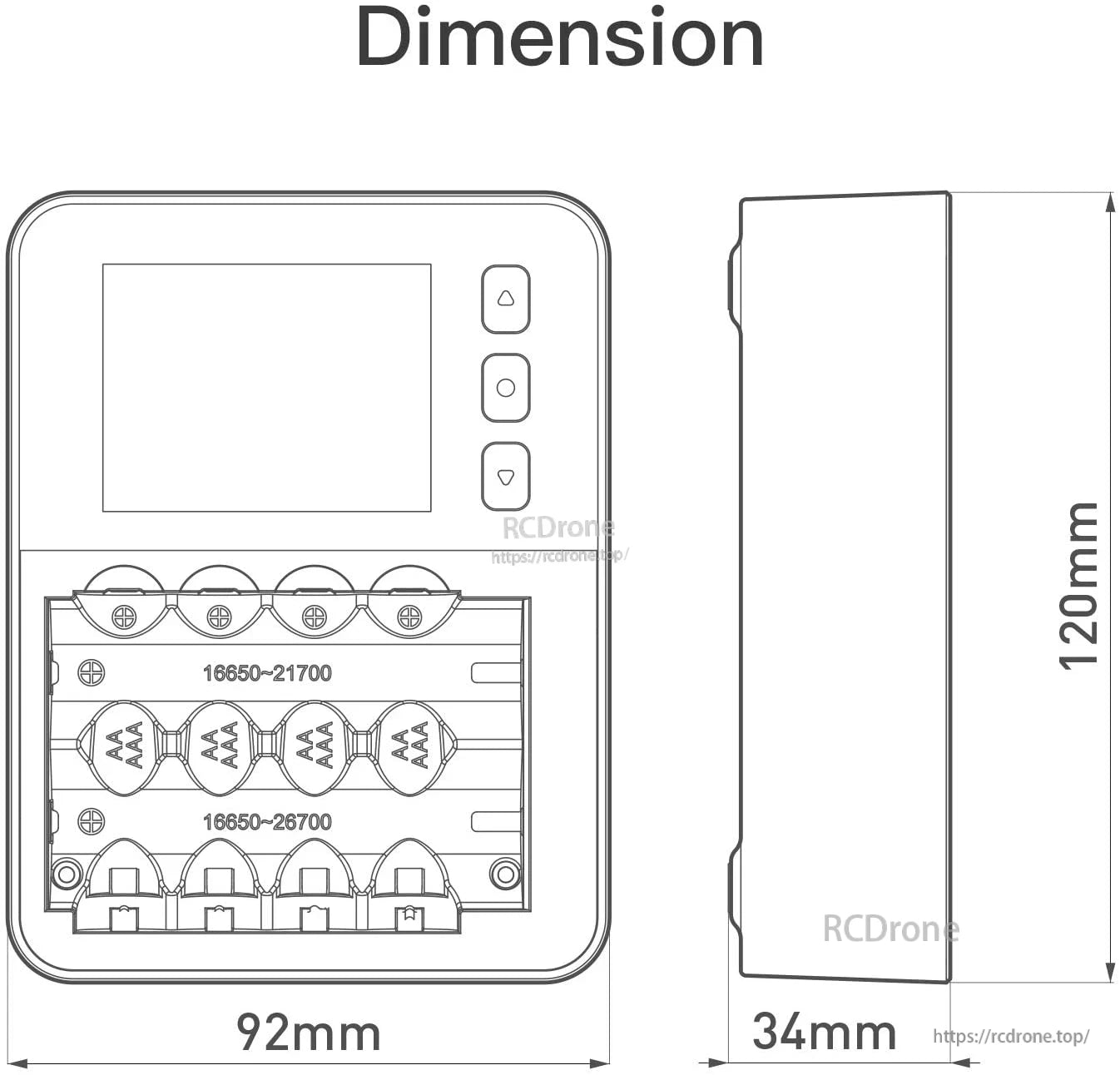 Dimension diagram of ISDT C4 EVO smart battery charger with 4 bays, 92mm wide, 120mm tall, 34mm thick.
