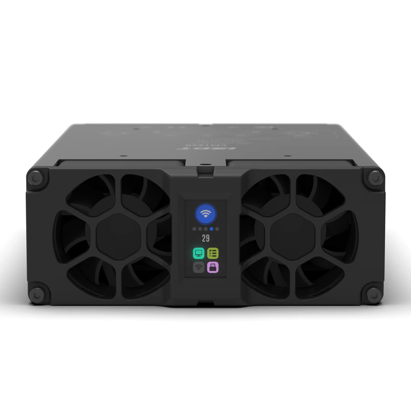 ISDT CM1620 battery charger module with dual cooling fans and a small color display showing Wi‑Fi status