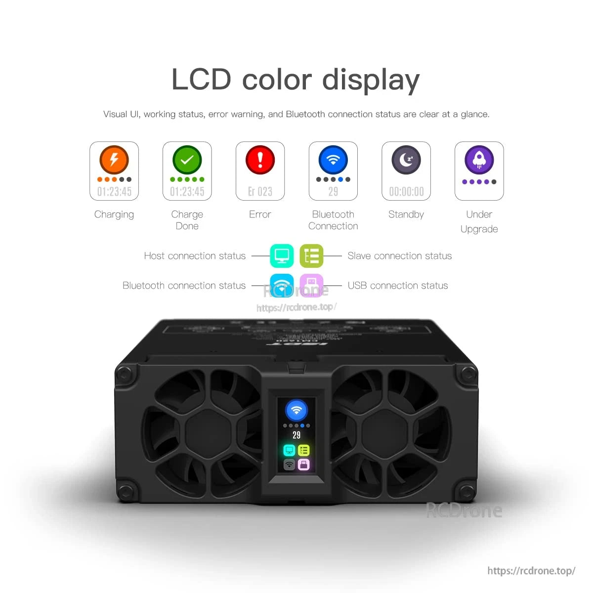 ISDT CM1620 battery charger module with dual cooling fans and color LCD status display with Bluetooth icons