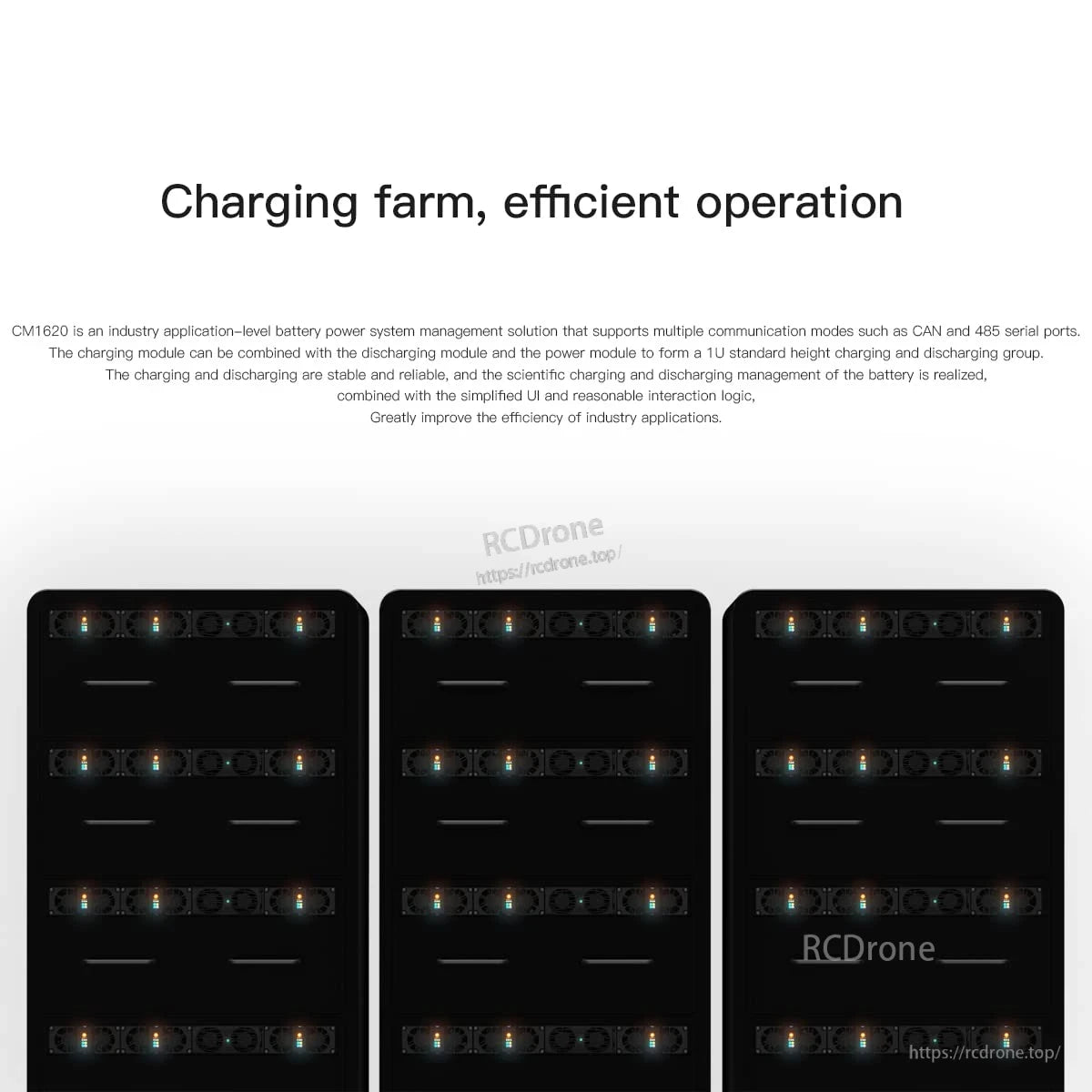 ISDT CM1620 battery charger modules arranged as a multi-unit charging farm with cooling fans and status LEDs