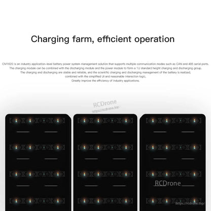 ISDT CM1620 battery charger modules arranged as a multi-unit charging farm with cooling fans and status LEDs