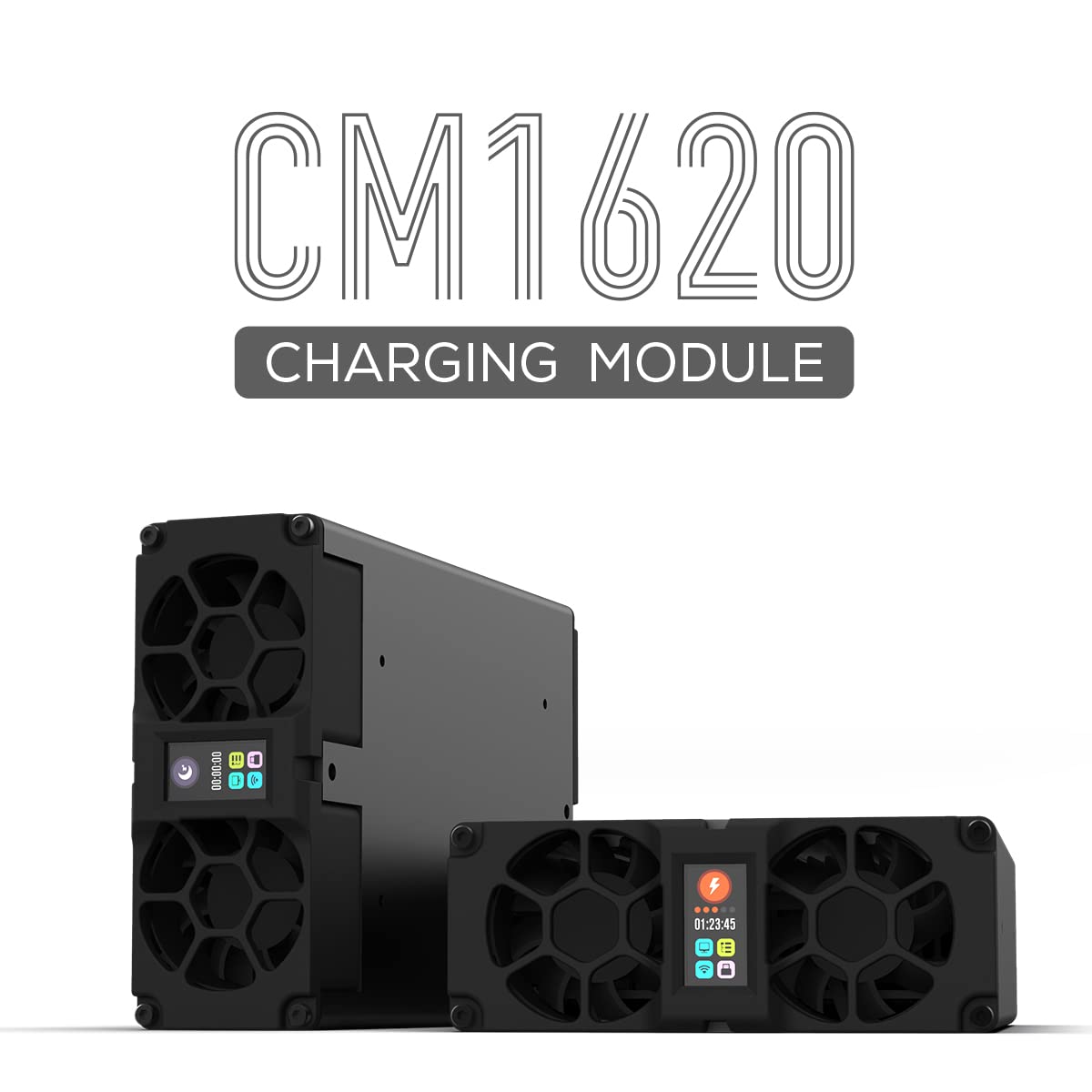 ISDT CM1620 battery charger module with dual cooling fans and a small color screen on a black housing