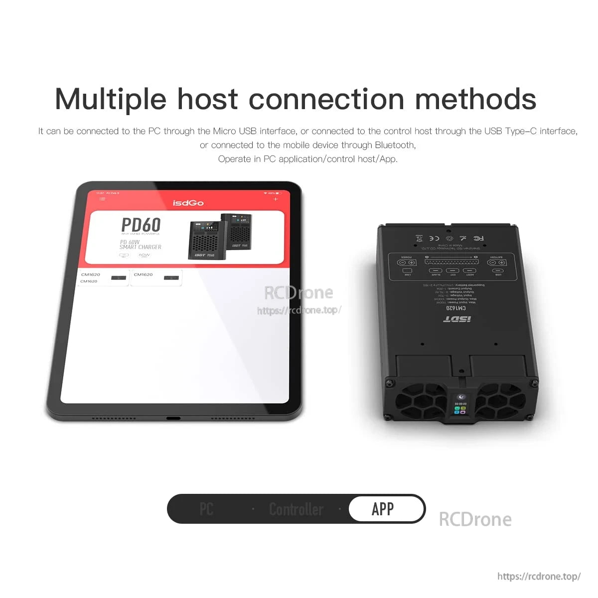 ISDT CM1620 battery charger module with Bluetooth control and Micro USB/USB-C connection options