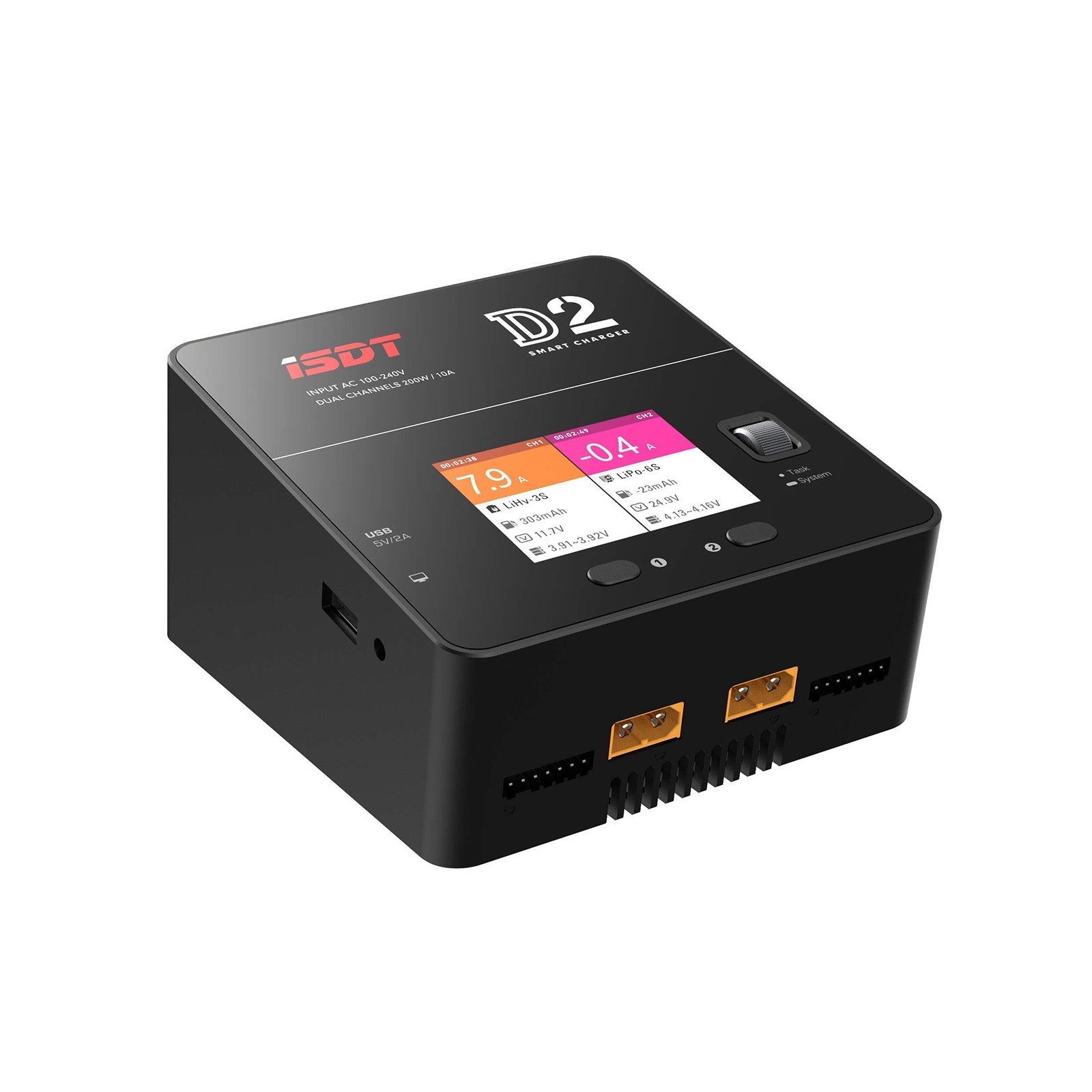 ISDT D2 Mark 2 LiPo Battery Balance Charger, ISDT D2 Mark 2 dual-channel LiPo balance charger with color display, USB port, and two XT60 output ports