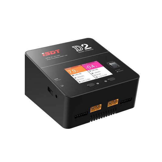 ISDT D2 Mark 2 LiPo Battery Balance Charger, ISDT D2 Mark 2 dual-channel LiPo balance charger with color display, USB port, and two XT60 output ports