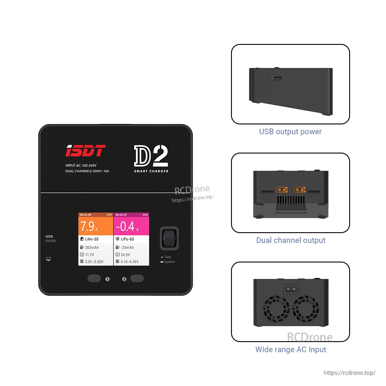 ISDT D2 Mark 2 LiPo Battery Balance Charger, ISDT D2 Mark 2 dual-channel smart LiPo balance charger with color screen, USB 5V/2A port and AC 100–240V input