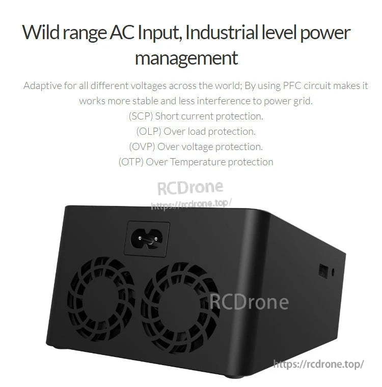 ISDT D2 Mark 2 LiPo Battery Balance Charger, Rear view of ISDT D2 Mark 2 LiPo balance charger with AC input socket and dual cooling fan vents
