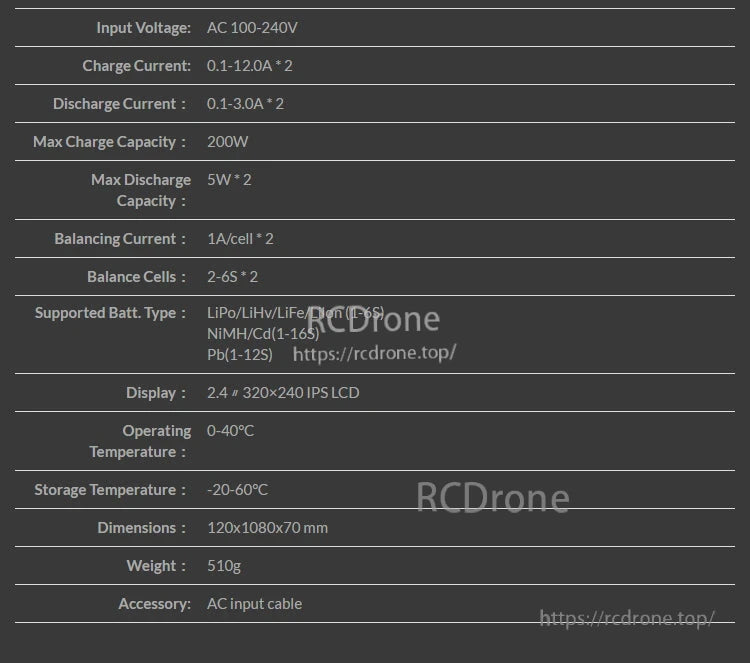 ISDT D2 Mark 2 LiPo Battery Balance Charger, ISDT D2 Mark 2 charger specifications listing AC 100–240V input, 0.1–12A charge, and 2–6S balance cells