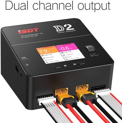 ISDT D2 Mark 2 LiPo Battery Balance Charger, ISDT D2 Mark 2 dual-channel LiPo balance charger with color display, control wheel, and two XT60 outputs