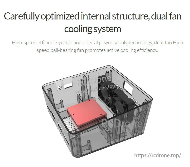 ISDT D2 Mark 2 LiPo Battery Balance Charger, ISDT D2 Mark 2 LiPo balance charger internal layout showing dual cooling fans and heat sink