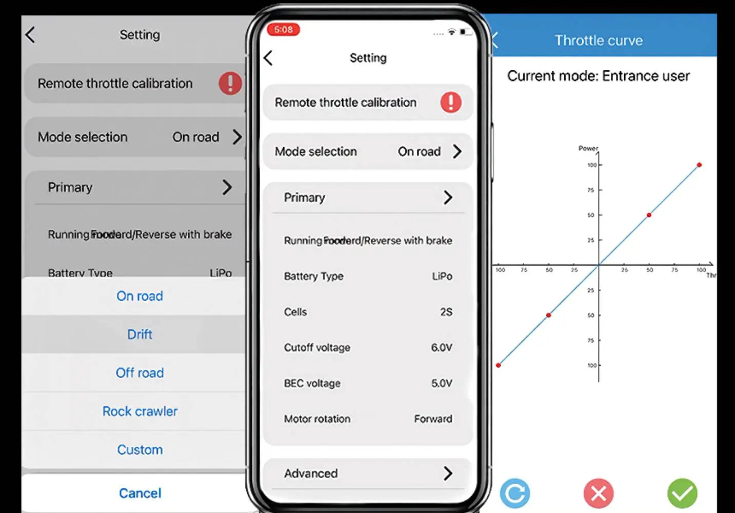ISDT ESC mobile app settings screen with throttle calibration, driving modes, LiPo 2S options, and throttle curve