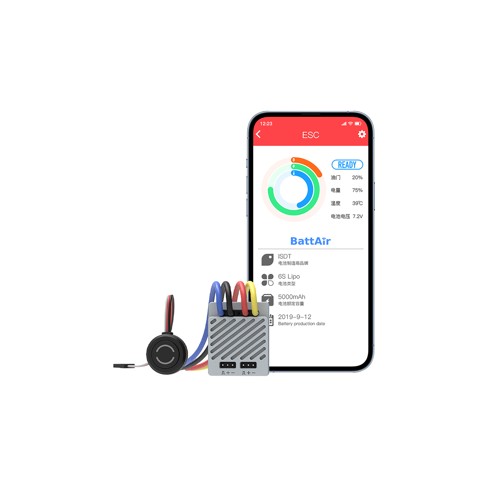 ISDT ESC with wired controller module beside smartphone BattAir app screen showing battery voltage and temperature