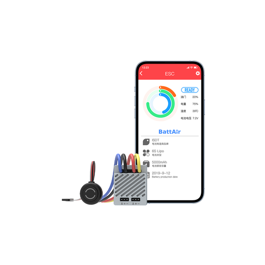 ISDT ESC with wired controller module beside smartphone BattAir app screen showing battery voltage and temperature
