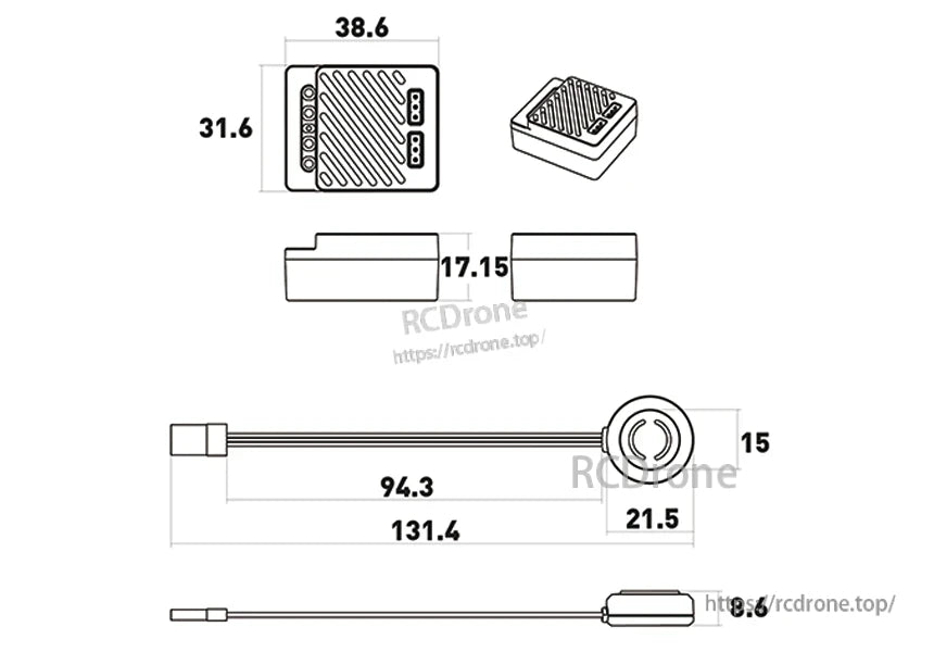 Dimension drawing of ISDT ESC module (38.6×31.6×17.15 mm) with a wired round component and connectors