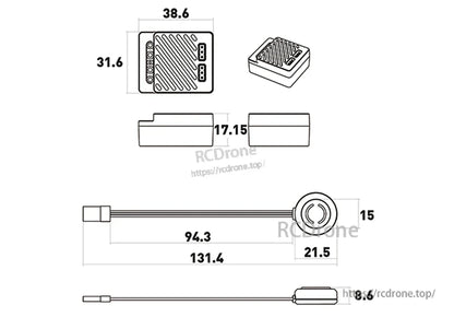 Dimension drawing of ISDT ESC module (38.6×31.6×17.15 mm) with a wired round component and connectors