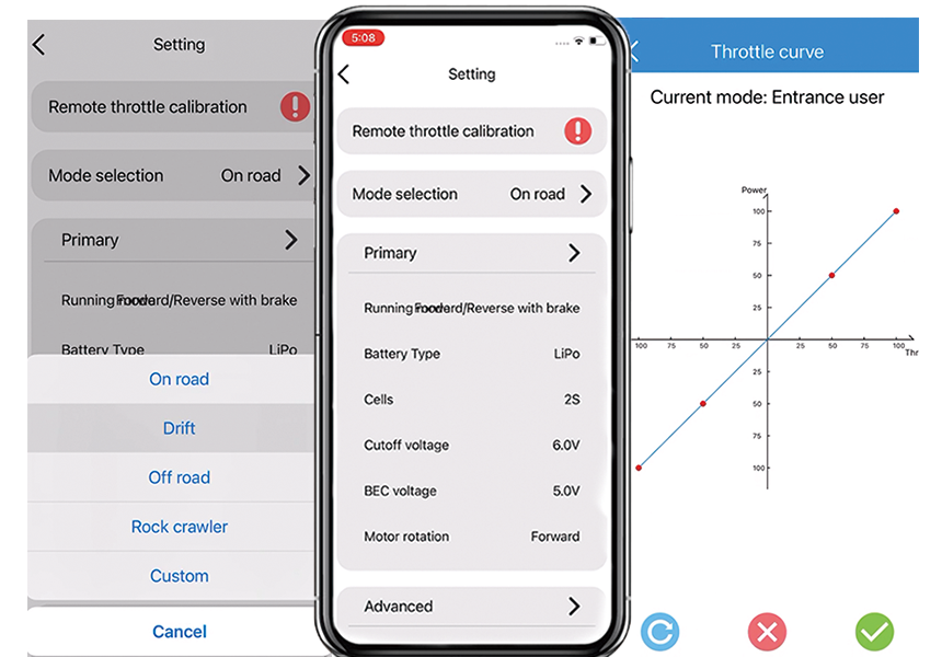 ISDT ESC smartphone app interface showing mode selection and throttle curve tuning screen