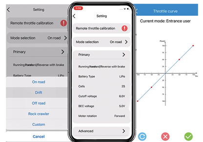 ISDT ESC smartphone app interface showing mode selection and throttle curve tuning screen