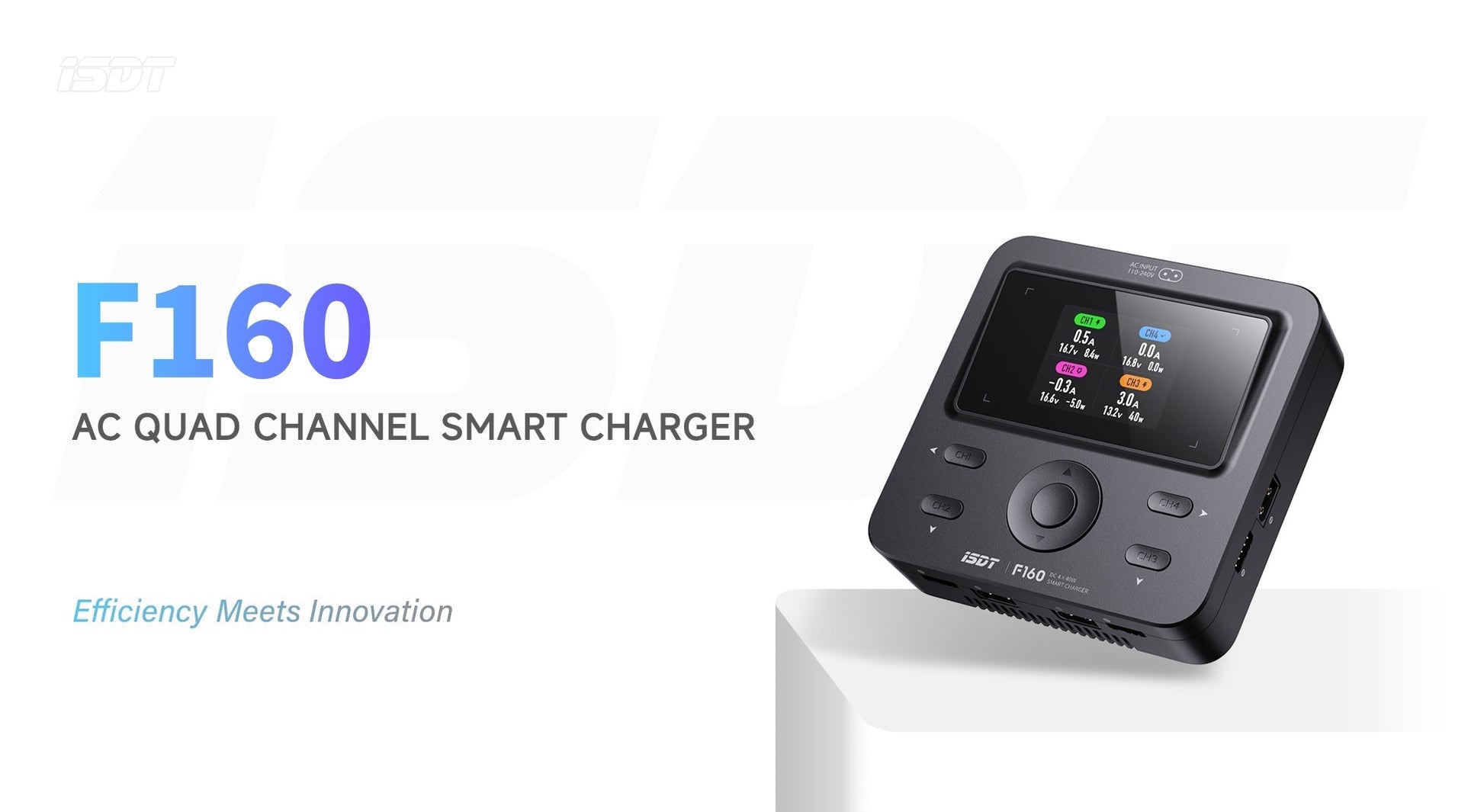 ISDT F160 Battery Charger, ISDT F160 AC quad-channel smart battery charger with color display, control dial, and four channel buttons