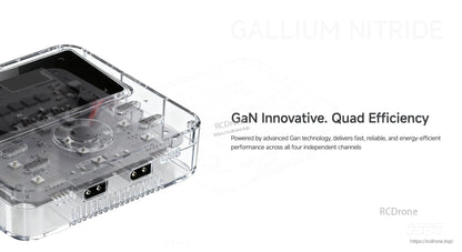 ISDT F160 battery charger with transparent case, screen, control dial, and four channel buttons (CH1–CH4).