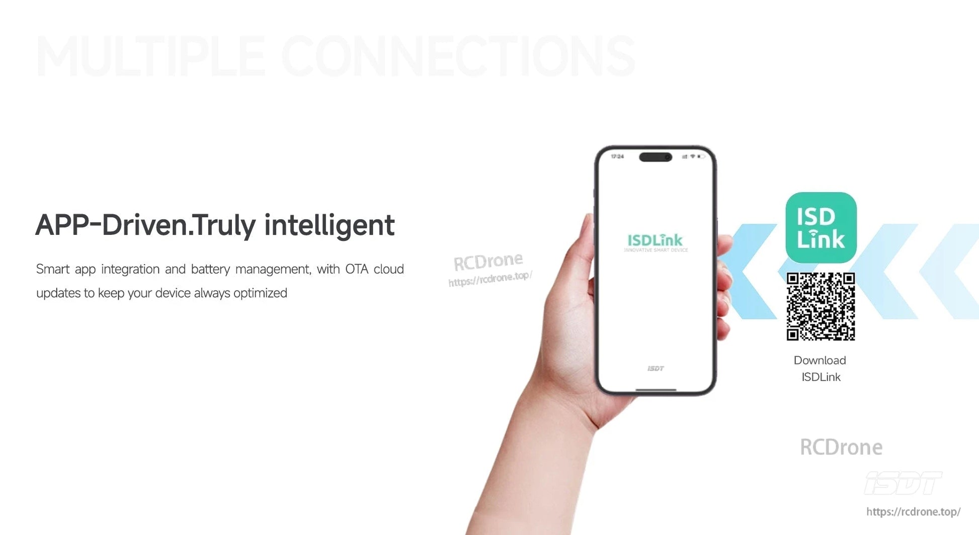 ISDT F160 battery charger app control via ISDLink, with QR code for download and smartphone screen graphic