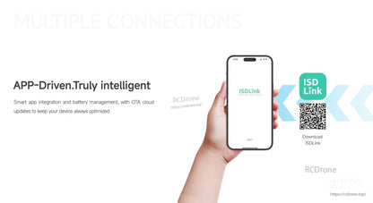 ISDT F160 battery charger app control via ISDLink, with QR code for download and smartphone screen graphic