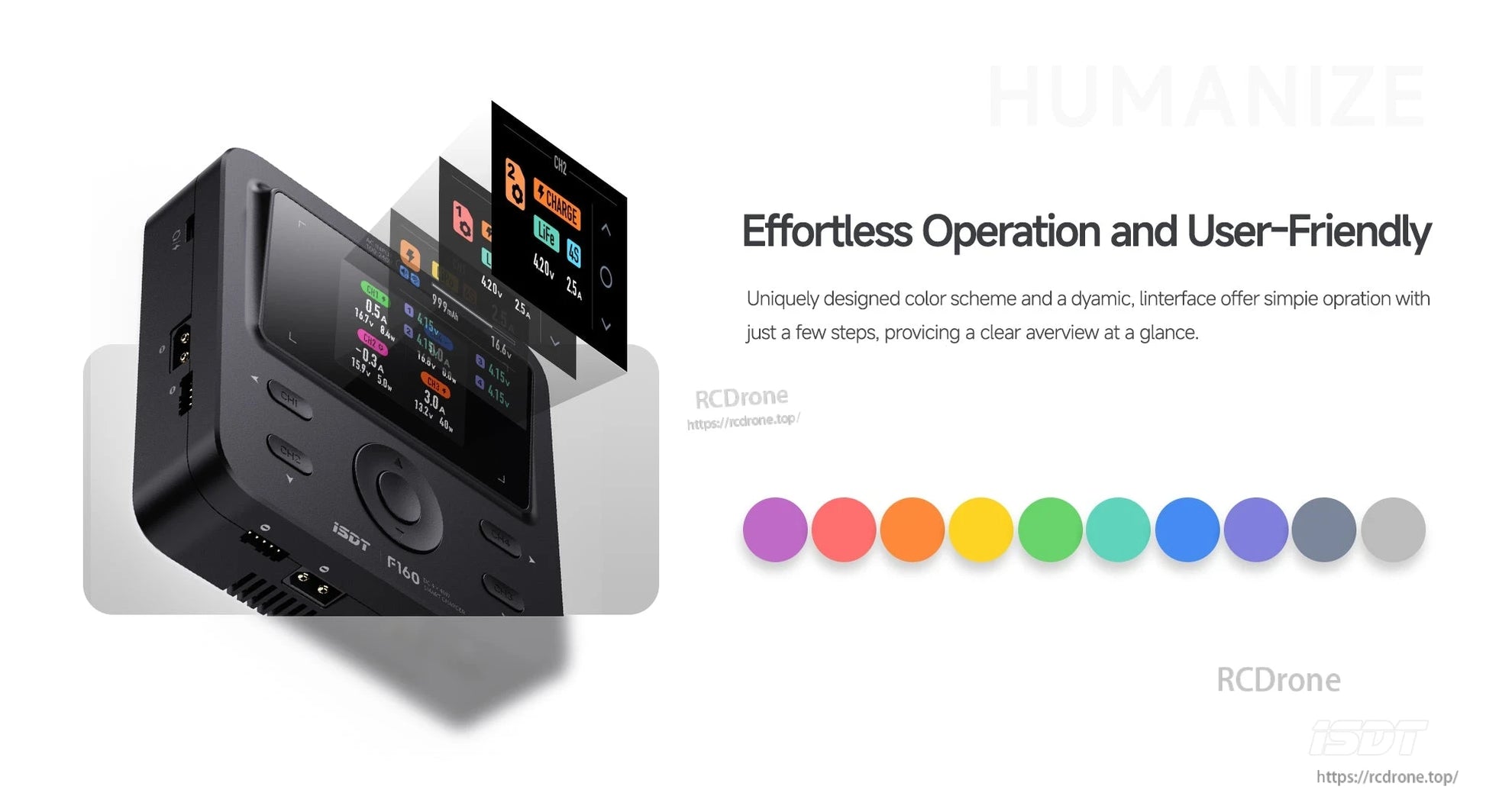 ISDT F160 battery charger with color display and front control dial, showing a multi-channel charge status screen.
