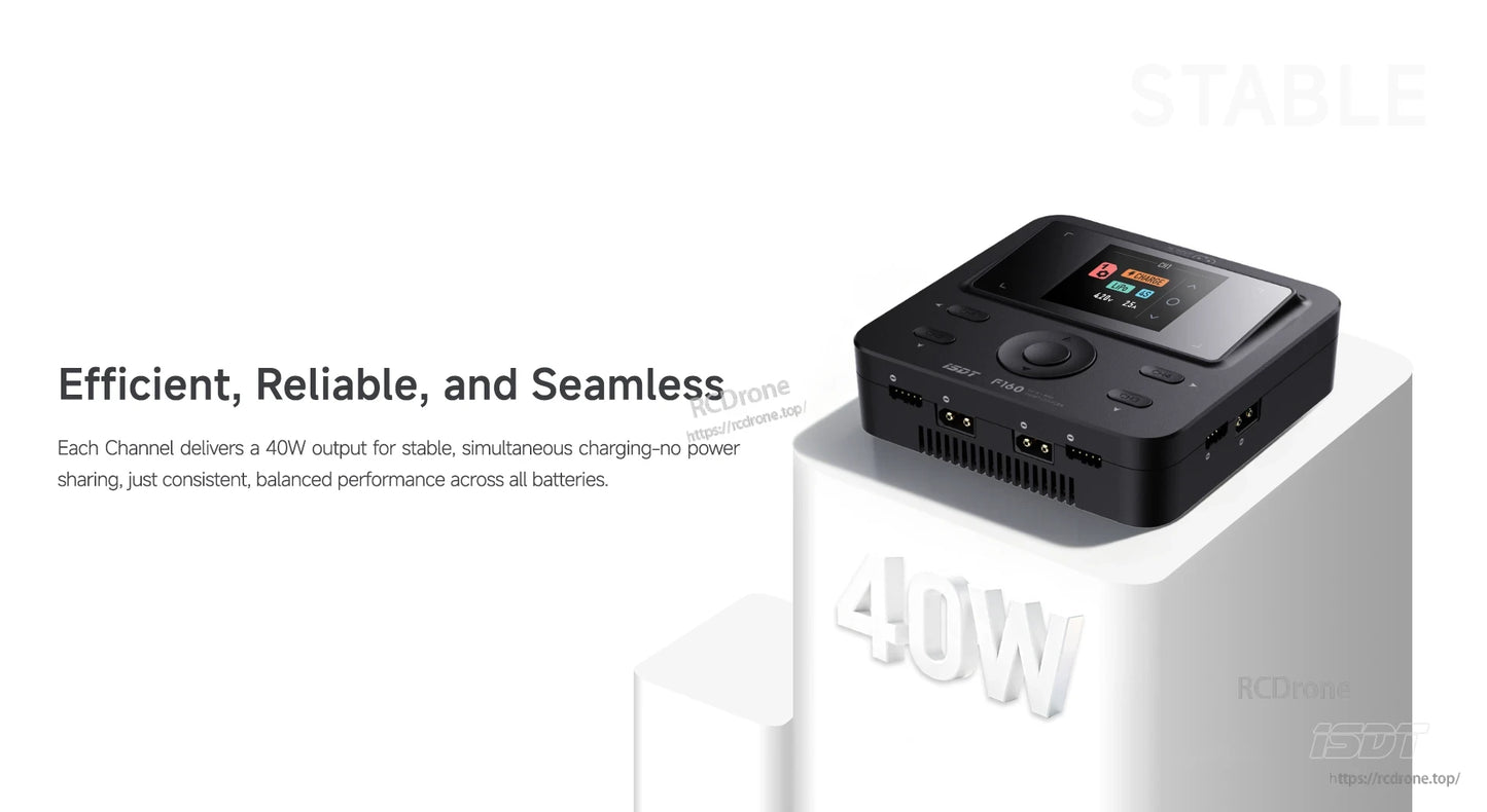 ISDT F160 battery charger with color display, control dial, and front charging ports in a compact black case