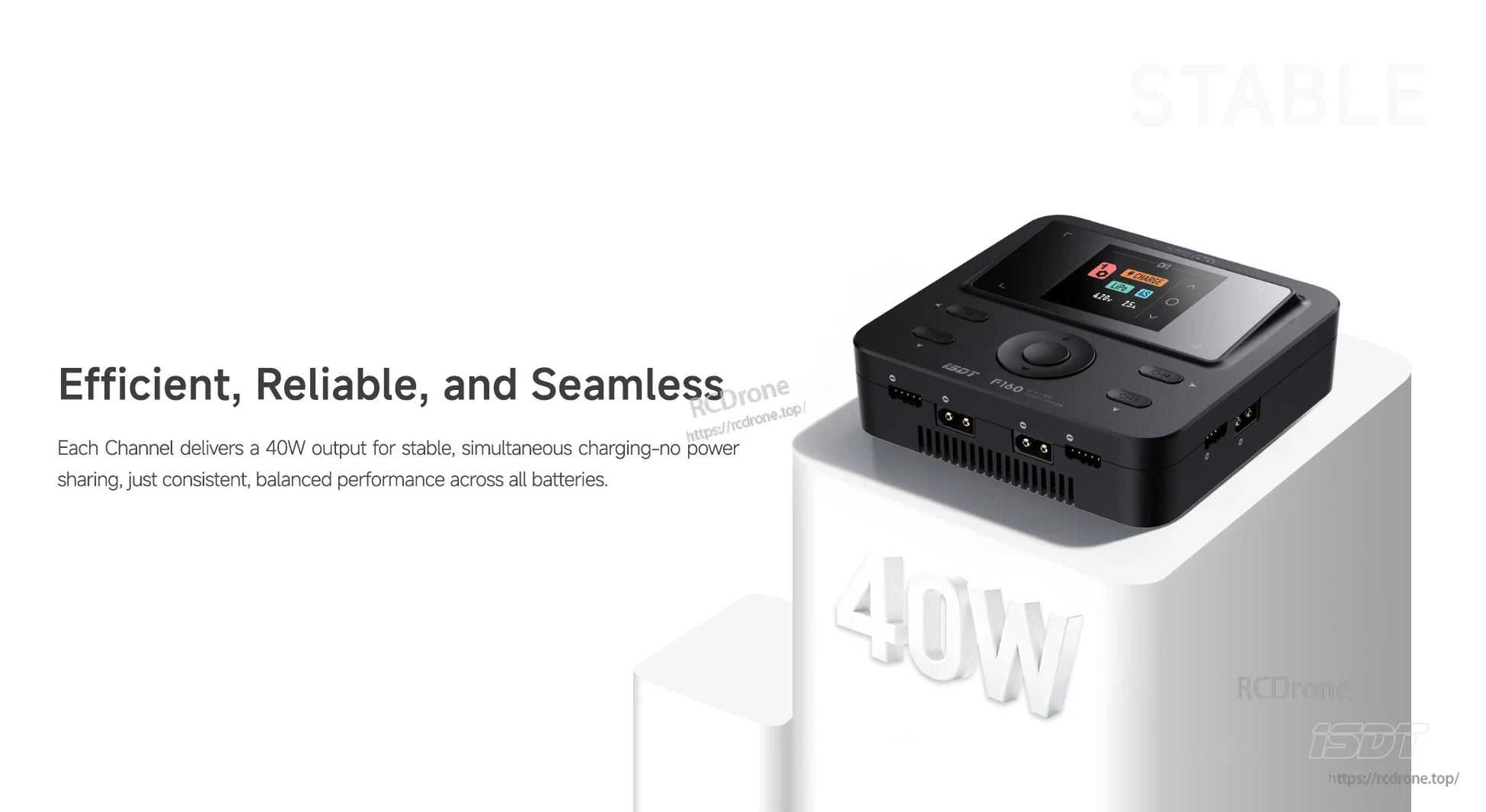 ISDT F160 battery charger with color display, control dial, and front charging ports in a compact black case