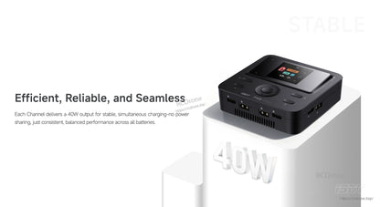 ISDT F160 battery charger with color display, control dial, and front charging ports in a compact black case