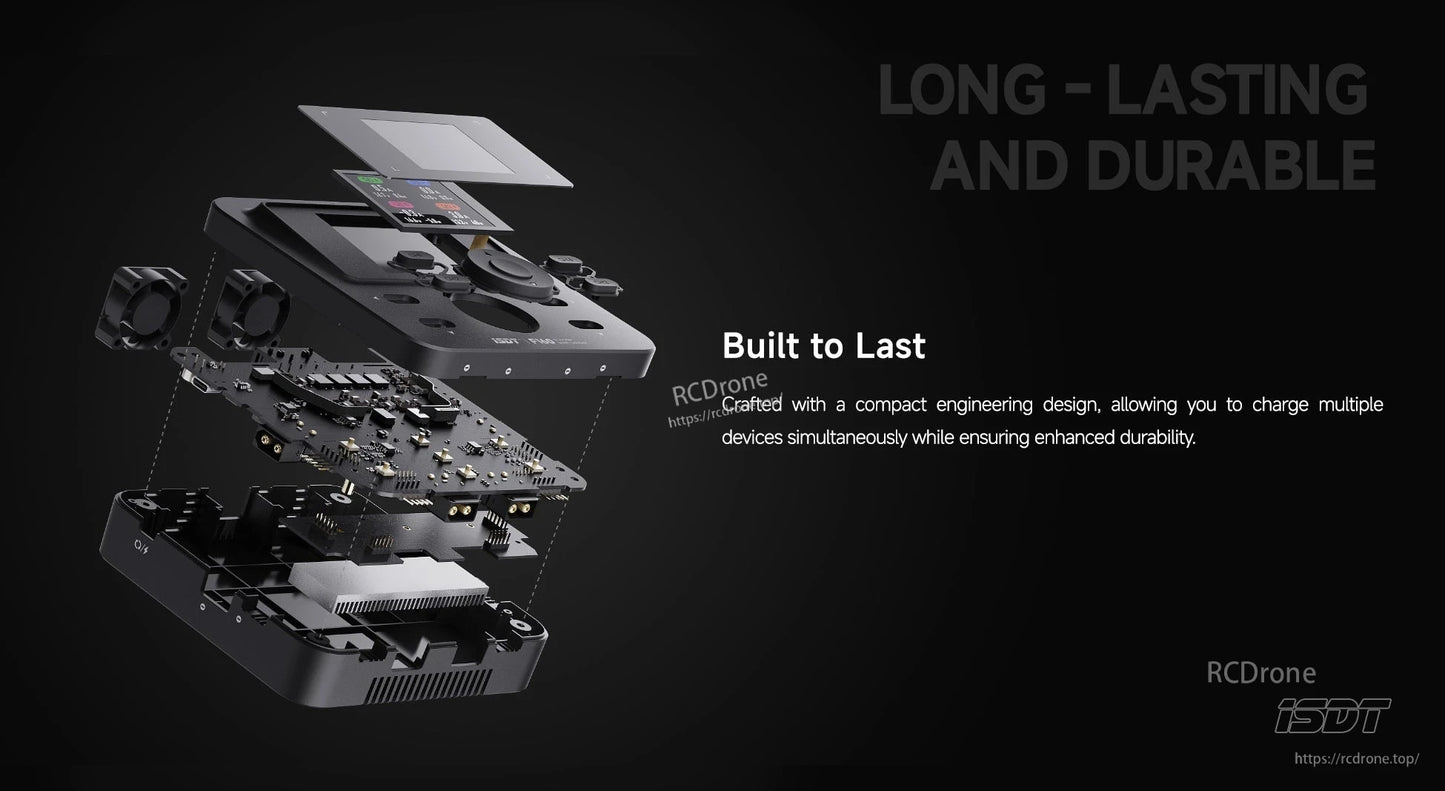 Exploded view of the ISDT F160 battery charger showing layered internal boards, dual cooling fans, and screen controls.